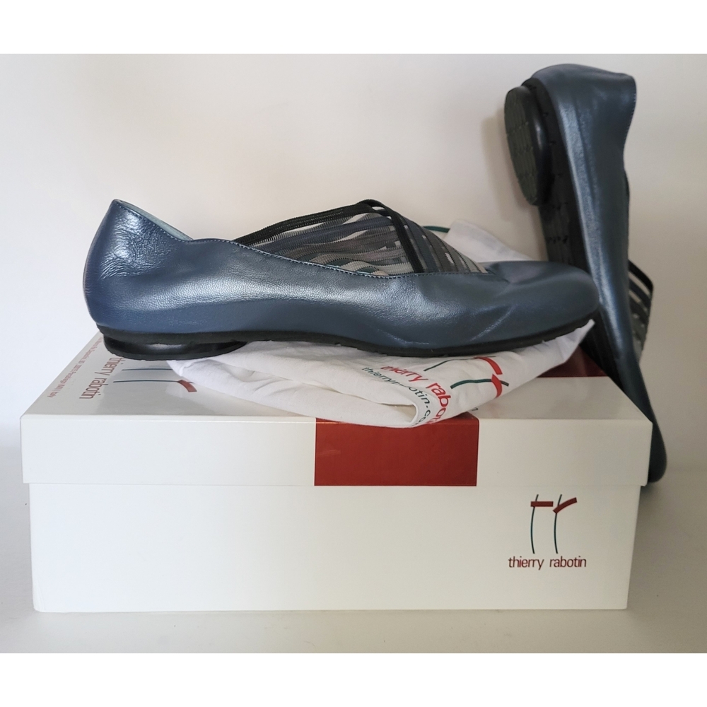 Thierry Rabotin Gaga’s Tafetta Pewter Leather Flats w/ Box and Bag